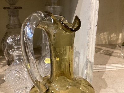 Lot 291 - Holmegaard grey tinted glass kluk kluk decanter, Art Deco purple tinted glass decanter, Art Nouveau gilded and jewelled glass decanter, pair of Vict...