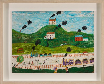 Lot 1373 - *Simeon Stafford (b. 1956) oil on board - Landscape with trains, signed and dated 04.2.2, 45cm x 60cm, in box frame