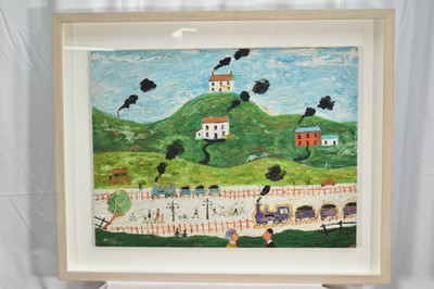 Lot 1373 - *Simeon Stafford (b. 1956) oil on board - Landscape with trains, signed and dated 04.2.2, 45cm x 60cm, in box frame