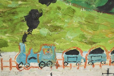 Lot 1373 - *Simeon Stafford (b. 1956) oil on board - Landscape with trains, signed and dated 04.2.2, 45cm x 60cm, in box frame