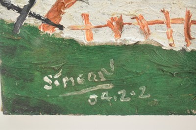 Lot 1373 - *Simeon Stafford (b. 1956) oil on board - Landscape with trains, signed and dated 04.2.2, 45cm x 60cm, in box frame