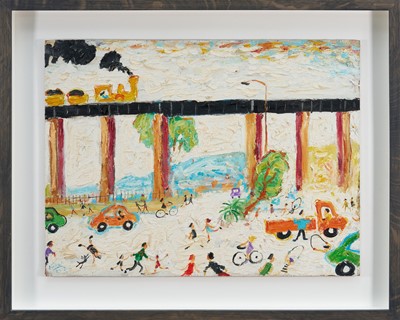 Lot 1375 - *Simeon Stafford (b. 1956) oil on board - Landscape with figures and bridge, signed and dated indistinctly, 45cm x 60cm, in box frame