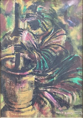 Lot 314 - Enoch Elonga (b 1954) acrylic on canvas laid on board, pounding, 47 x 33cm, framed