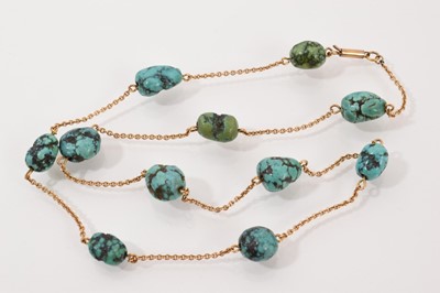 Lot 19 - Edwardian gold and turquoise necklace with turquoise beads interspaced by sections of gold trace chain links