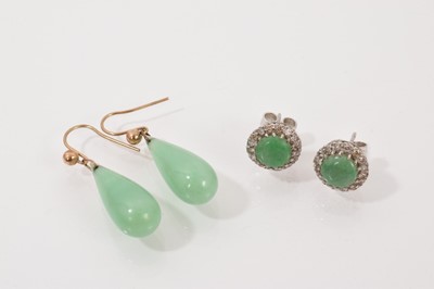 Lot 20 - Pair of green jade/hard stone and diamond cluster stud earrings in 9ct white gold setting and one other pair of green jade/ hard stone drop earrings