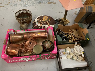 Lot 418 - Miscellaneous group of items to include antique copper watering can, various copper and brass, handmade miniature leather horse harness, lace bobbins, Art Deco coffee set and sundries