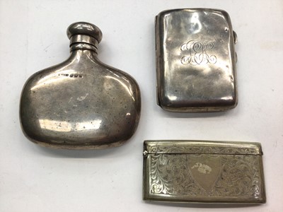 Lot 1108 - Silver hip flask, silver cigarette case and a silver plated card case (3)