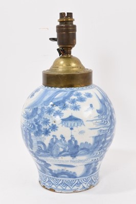 Lot 337 - 18th century blue and white tin-glazed pottery vase, probably Frankfurt, decorated in the Chinese style, converted to a lamp