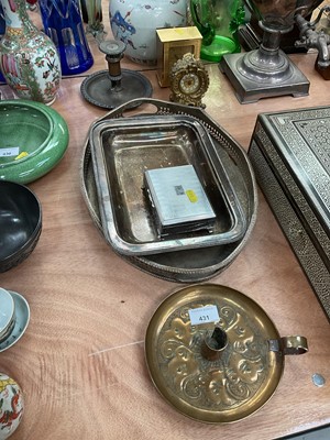 Lot 431 - Sundry items, including a Keswick copper chamber stick, a Hamilton desk clock, and other items