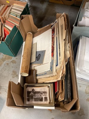 Lot 537 - Box of assorted ephemera to include postcards, magazines, newspapers and silk scarf.