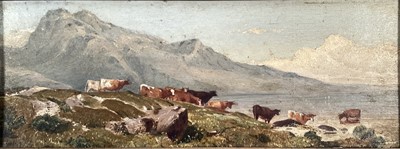 Lot 58 - Alpine study of cows approaching a lake, 13cm x 35cm, together with another oil of cows before a village, 14cm x 36cm, framed (2)