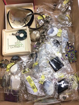 Lot 144 - Group of silver mounted semi-precious gem stone pendants, rings, bracelet, mostly new in packets with tags, silver bangle and a vintage Kigu powder compact in box