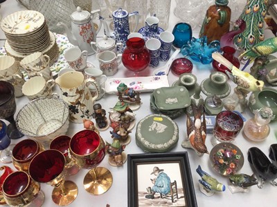 Lot 332 - Group of West German figures and Goebel birds, other ornaments, Jasperware, art glass, tea ware, peacock table lamp etc