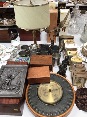 Lot 331 - Various wooden boxes, pewter tankards, mantle clocks, wall barometer, brass table lamp and sundries