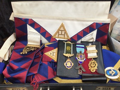 Lot 334 - Masonic medals including one silver gilt and other regalia in a suitcase