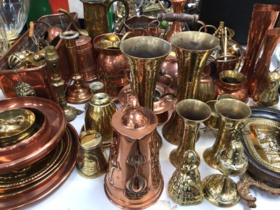 Lot 329 - Art Nouveau copper lidded jug by Joseph Sankey & Sons, together with a quantity of other copper, brass and metal wares