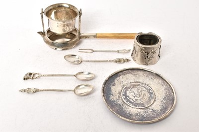 Lot 445 - Group of Chinese export silver to include tea infuser, coin set dish, salt cellar and three spoons.