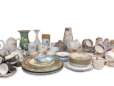 Lot 737 - Collection of Chinese ceramics including vases, tea wares, Royal commemoratives and glassware - 2 shelves