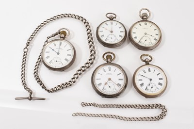 Lot 816 - Group of five Victorian and Edwardian silver cased pocket watches, together with two silver watch chains