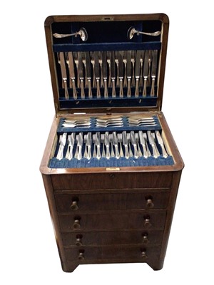 Lot 346 - Extensive canteen of plated cutlery in a four draw wooden unit with lifting top