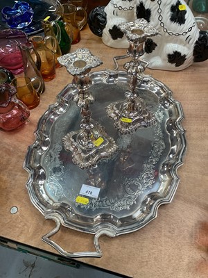 Lot 478 - Pair of Georgian style silver plated candlesticks by James Dixon and Sons, together with a silver plated oval tray.