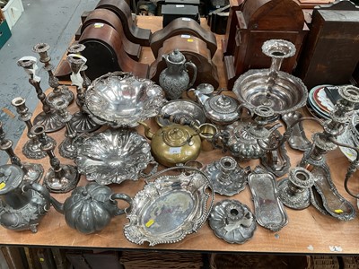 Lot 470 - Collection of silver plate to include teapots, candlesticks, chambersticks and others.