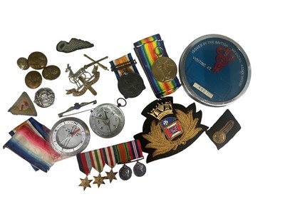 Lot 748 - First World War pair K. 38087 H. Bevins. STO. 1. R. N., together with Second World War miniature medal group, cap badges and others.