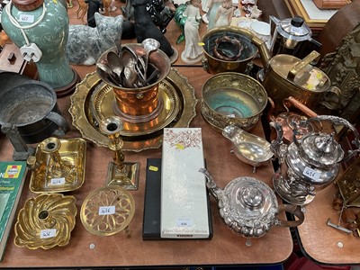 Lot 456 - 19th century Old Sheffield plate teapot, together with brass ware, copper and silver plated items.