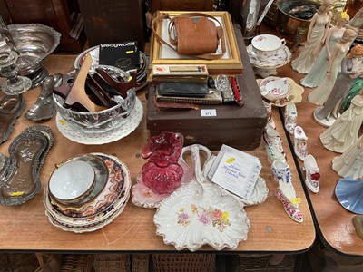 Lot 471 - Group of ceramics and glassware to include cranberry glass jug, plates and other items.