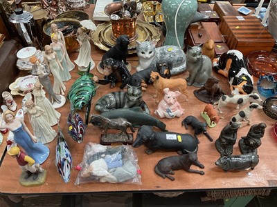 Lot 472 - Group of animal ornaments and figures to include Royal Doulton pig and Wade pig, Murano fish and others.