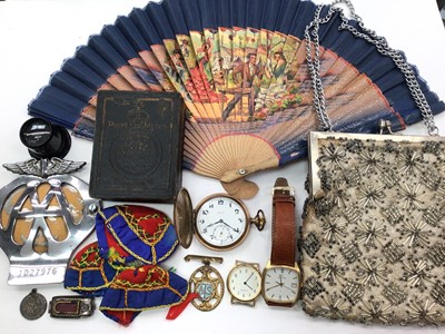 Lot 1063 - Zenith gold plated full hunter pocket watch, two other watches, pocket volt meter in orginal box, AA car badge, vintage beaded evening bag, fan and other items