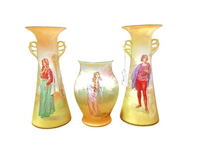 Lot 1178 - Pair of Royal Doulton series ware vases - Romeo and Juliet, 25cm high, together with another Royal Doulton vase, 17cm (3)