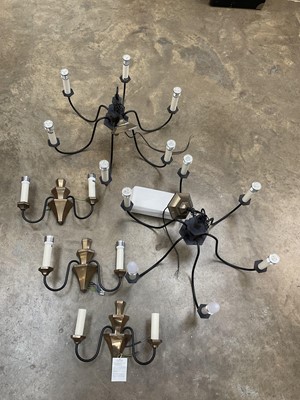 Lot 1498 - Set of light fittings by David Hunt Lighting, 'Othello' design, comprising pair of six-branch chandeliers and three pairs of wall lights