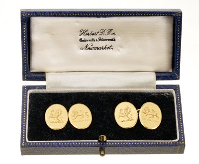 Lot 6 - Fine pair officers' 18ct gold cufflinks with engraved crests and regimental badges of the King's Own Royal Regiment (Lancaster), the ovals joined by chains in associated box