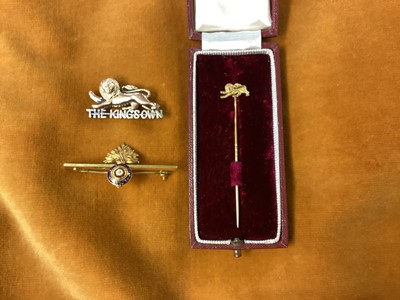 Lot 7 - The King's Own Royal Regiment (Lancaster), two colour gold (9ct) regimental brooch with pin backing 3.3cm, matching gold (9ct) tie pin in Garrard & Co. box and Yorkshire Fusiliers gold (9ct...