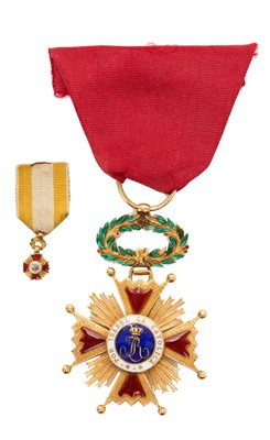 Lot 9 - Fine 19th century Spanish Order of Isabella the Catholic in gold and enamel with associated ribbon and gold and enamel miniature (2)