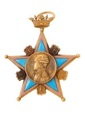 Lot 10 - Late 19th century French Republic 14ct gold and enamel medal in the form of a five pointed star with bust of an officer to the centre 4.8cm wide