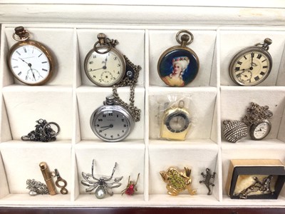 Lot 1054 - Group of pocket watches, together with some paste set insect and animal brooches, W.S. Hicks gold plated propelling pencil etc, within a glazed display case