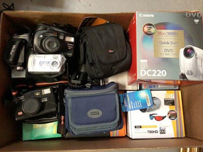 Lot 304 - Two boxes of cameras, camcorders, camera bags, tripods and accessories