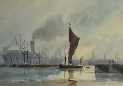 Lot 1438 - Alan Runagall (b.1941) watercolour - Thames Barge, Docklands, signed and dated '85, 34cm x 49cm, in glazed frame