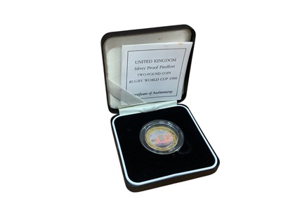 Lot 401 - G.B. - Royal Mint mixed silver proof Piedfort Two Pound coins to include Commonwealth Games - Manchester four coin set 2002 & Rugby World Cup with coloured hologram on reverse 1999 (N.B. Cas...
