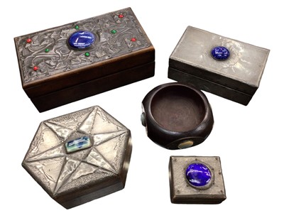 Lot 374 - Four pewter Arts & Crafts boxes with Ruskin style enamel cabochons, and a similar bowl