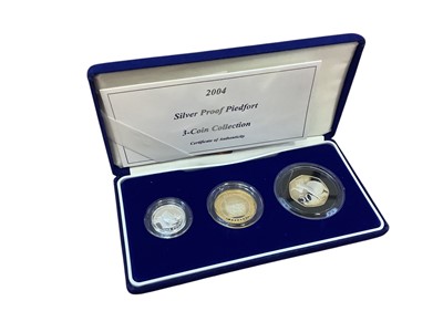 Lot 405 - G.B. - Royal Mint silver proof Piedfort three coin set 2004 to include £2 'Penydarren Engine' , £1 'Forth Rail Bridge' & Fifty Pence 'Sub Four-Minute Mile' (N.B. Cased with Certificate of Au...