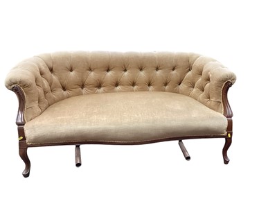 Lot 1214 - Edwardian sofa with buttoned beige upholstery on cabriole legs, 150cm wide, together with a matching armchair (2)