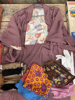 Lot 40 - Old/antique Japanese lined and printed silk kimono, with a beadwork bag and other textiles