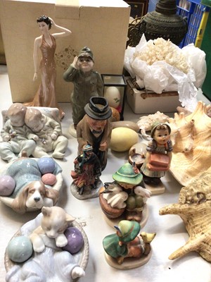 Lot 308 - Group of figure ornaments including Lladro, Nao, Hummel, Royal Doulton, Coalport 'Grace' in box, various hard stone eggs and some shells