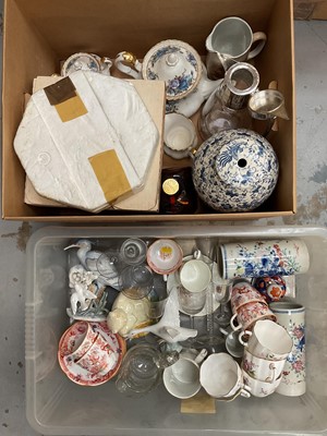 Lot 43 - Four boxes of sundries, including pair of antique Japanese sleeve vases, Royal Crown Derby Posies, Royal Albert Moonlight Rose, etc, and a box of vintage toys