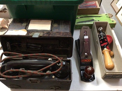 Lot 309 - Two British military field telephones, Hilka wood plane, Record No 2 metal vice, one other and various sundry items