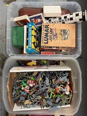 Lot 44 - Three boxes of vintage toys and games, including Britains, Subbutteo, etc