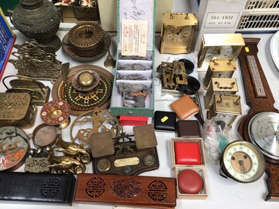 Lot 311 - Eastern metal filigree vase with cover, brass ware, set of postal scales, group of clocks, wall barometer and sundries